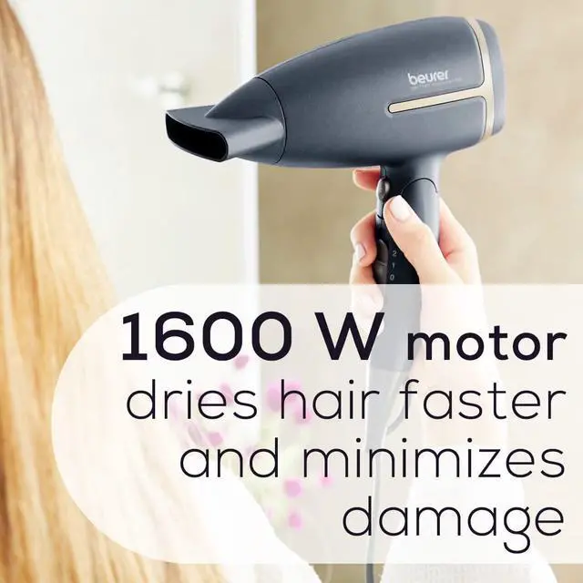 Alt view image 6 of 7 - Beurer HC25 Ionic Hair Dryer for Travel with Voltage Switch 1600W Anti Frizz Blow Dryer, Foldable Handle, Lightweight Styler, Nozzle Attachment, Black and Rose Gold