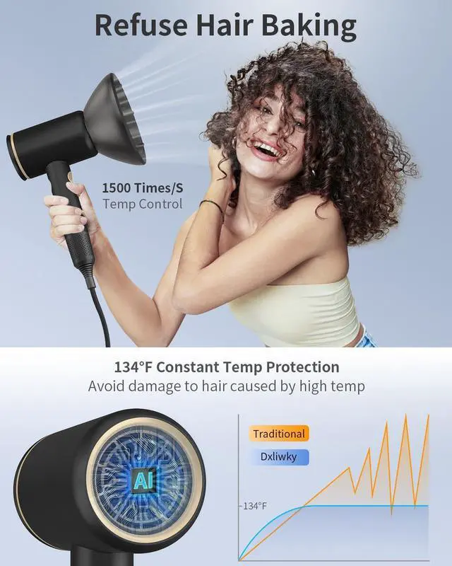 Alt view image 4 of 7 - Professional Hair Dryer,1875 Watt High-Speed Ionic Blow Dryer with Diffuser/Concentrator/Comb Nozzle,LED Temp Display,Intelligent Temp Control,Low Noise for Home Salon Travel (Black)