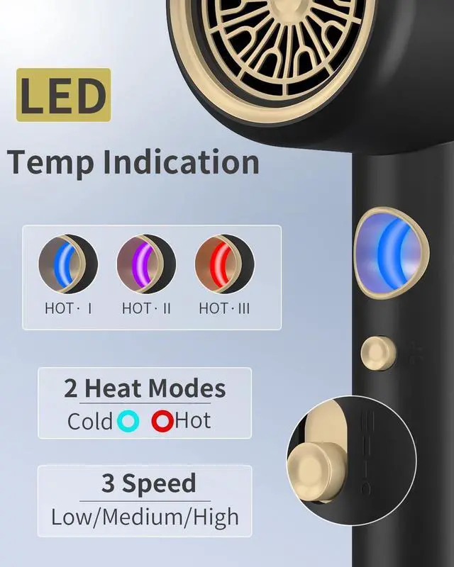 Alt view image 5 of 7 - Professional Hair Dryer,1875 Watt High-Speed Ionic Blow Dryer with Diffuser/Concentrator/Comb Nozzle,LED Temp Display,Intelligent Temp Control,Low Noise for Home Salon Travel (Black)