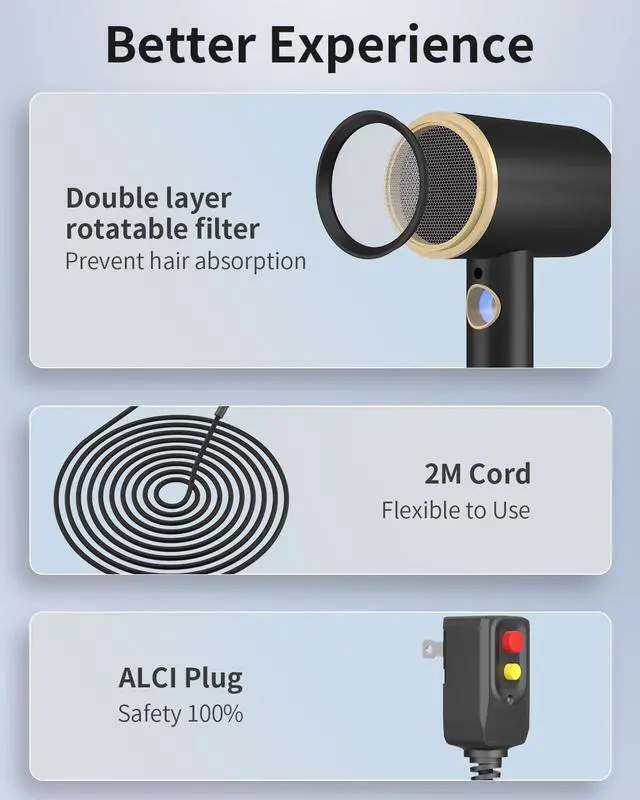 Alt view image 7 of 7 - Professional Hair Dryer,1875 Watt High-Speed Ionic Blow Dryer with Diffuser/Concentrator/Comb Nozzle,LED Temp Display,Intelligent Temp Control,Low Noise for Home Salon Travel (Black)