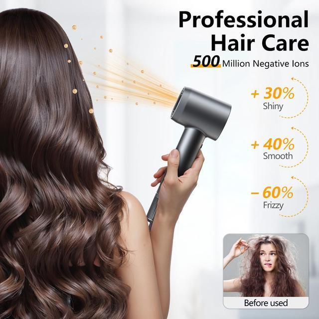 Alt view image 3 of 7 - Hair Dryer, 160000 RPM Professional High-Speed Blow Dryer 500 Millions Negative Ionic Care Hair Dryer for Fast Drying, Low Noise Thermo-Control Hairdryer, Travel with Magnetic Diffuser & Nozzle