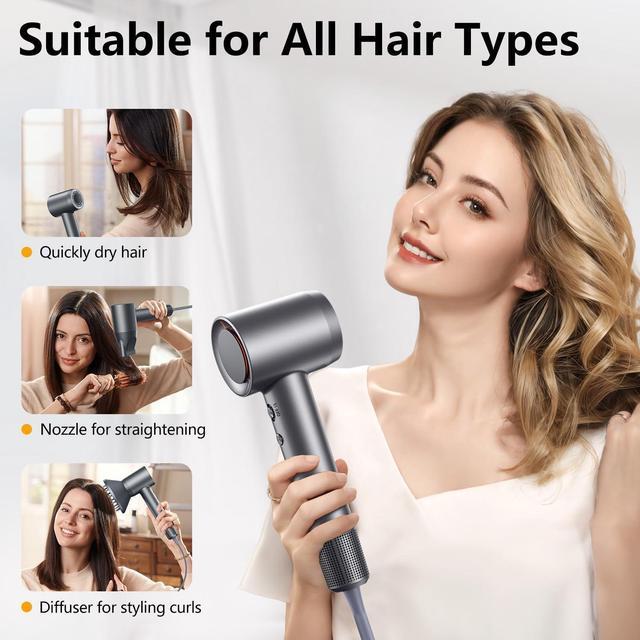 Alt view image 7 of 7 - Hair Dryer, 160000 RPM Professional High-Speed Blow Dryer 500 Millions Negative Ionic Care Hair Dryer for Fast Drying, Low Noise Thermo-Control Hairdryer, Travel with Magnetic Diffuser & Nozzle