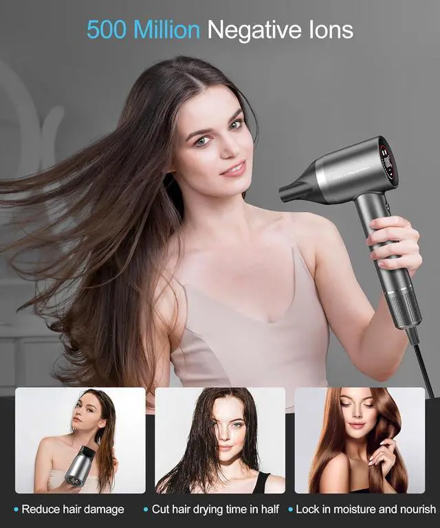 Alt view image 5 of 7 - Hair Dryer - Negative Ionic Blow Dryer with 150000 RPM High Speed Brushless Motor for Fast Drying, Low Noise, HD Display Hair Dryer with Diffuser and Nozzle, 5 Temps & 2 Speeds