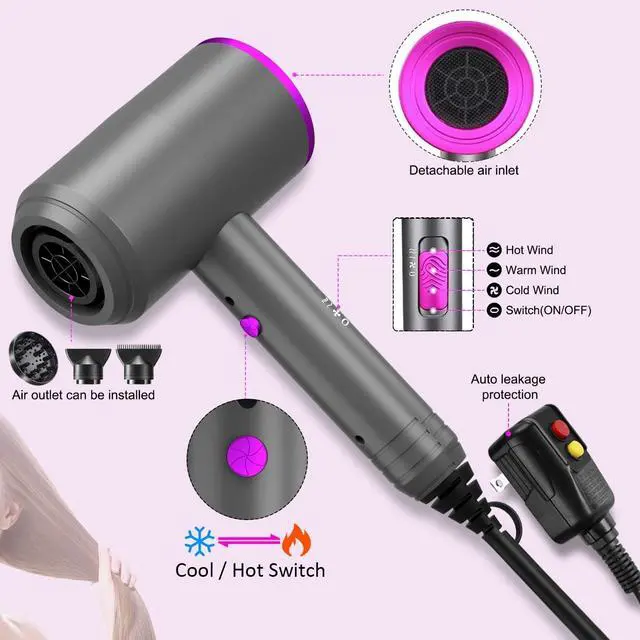 Alt view image 6 of 6 - Ionic Hair Dryer, 1800W Professional Blow Dryer (with Powerful AC Motor), Negative Ion Technolog, 3 Heating/2 Speed/Cold Settings, Contain 2 Nozzles and 1 Diffuser, for Home Salon Travel Woman Kids