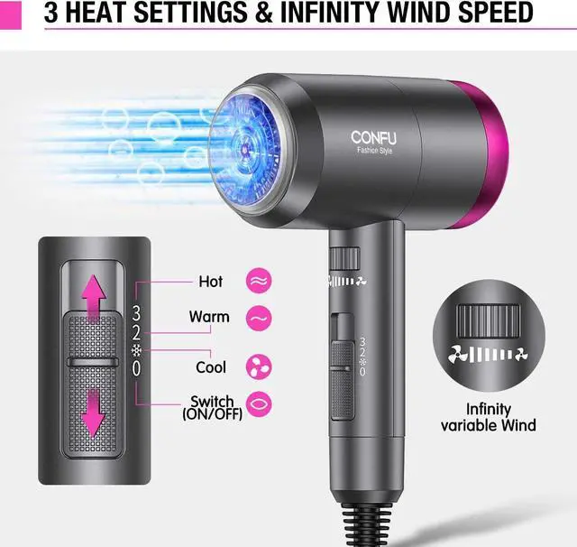 Alt view image 4 of 7 - CONFU Ionic Blow Dryer 1600W, Portable Lightweight Fast Drying Negative Ion Hairdryer Blowdryer, 3 Heat Settings & Infinity Speed, with Diffuser and Concentrator Nozzle for Home & Travel