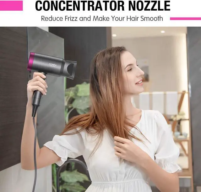Alt view image 7 of 7 - CONFU Ionic Blow Dryer 1600W, Portable Lightweight Fast Drying Negative Ion Hairdryer Blowdryer, 3 Heat Settings & Infinity Speed, with Diffuser and Concentrator Nozzle for Home & Travel