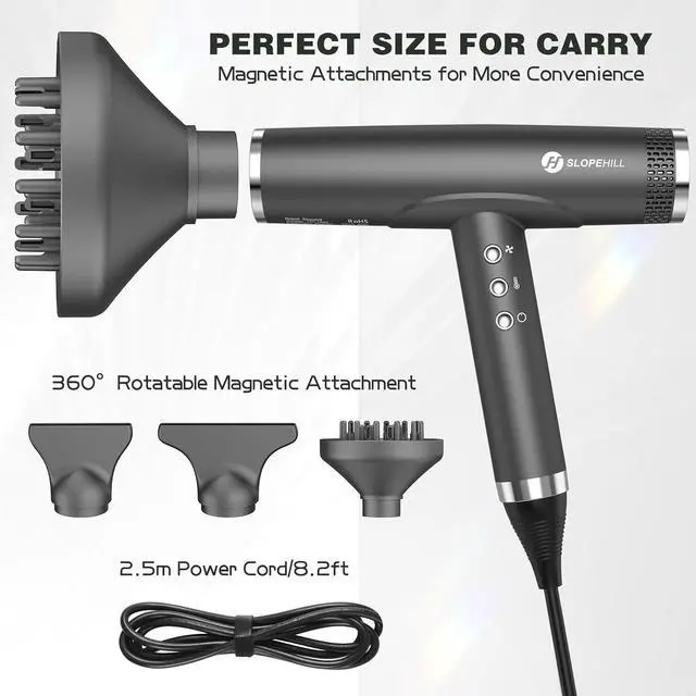 Alt view image 5 of 6 - Slopehill Professional Hair Dryer with Diffuser, Ionic Hair Dryer,Lightweight Compact Powerful & Fast Salon Blow Dryer with High Speed Brushless Motor, Travel Hair Dryer, Women & Men (Ceramic, Dark)