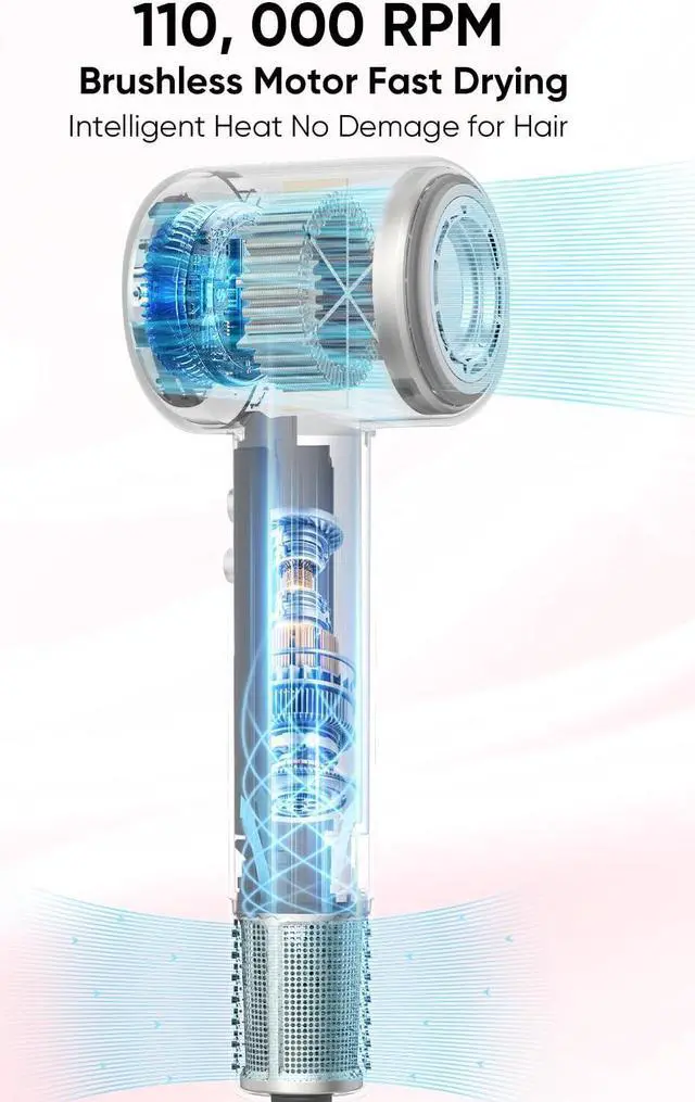 Alt view image 2 of 7 - ANIEKIN Hair Dryer with Diffuser, 110, 000 RPM Fast Drying Ionic Hair Dryer for All Hair Type, Thermo Control and Quiet Blow Dryer with Magnetic Attachments for Home and Travel Use