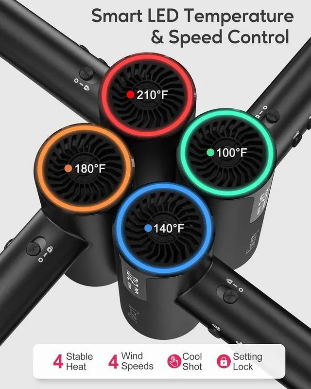 Alt view image 5 of 7 - H8 Ionic Hair Dryer with Diffuser  110,000 RPM for Ultra-Fast Drying, 1400W Powerful Heat, Negative Ion Technology for Frizz Controll, 4 Heat & 4 Speed Settings, Magnetic Nozzle, HD Display