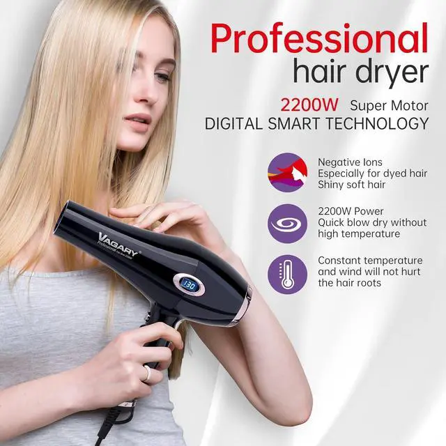 Alt view image 2 of 7 - VAGARY Fast Drying Hair Dryer for Curly and Straight Hair, Ionic Hair Dryer with Diffuser, 2200W AC Motor Blow Dryer, 2 Speeds and 2 Heat Settings 1 Cool Shot Button