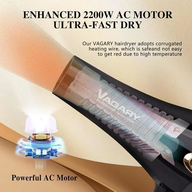 Alt view image 3 of 7 - VAGARY Fast Drying Hair Dryer for Curly and Straight Hair, Ionic Hair Dryer with Diffuser, 2200W AC Motor Blow Dryer, 2 Speeds and 2 Heat Settings 1 Cool Shot Button