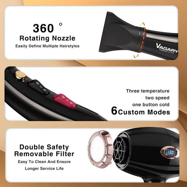 Alt view image 6 of 7 - VAGARY Fast Drying Hair Dryer for Curly and Straight Hair, Ionic Hair Dryer with Diffuser, 2200W AC Motor Blow Dryer, 2 Speeds and 2 Heat Settings 1 Cool Shot Button