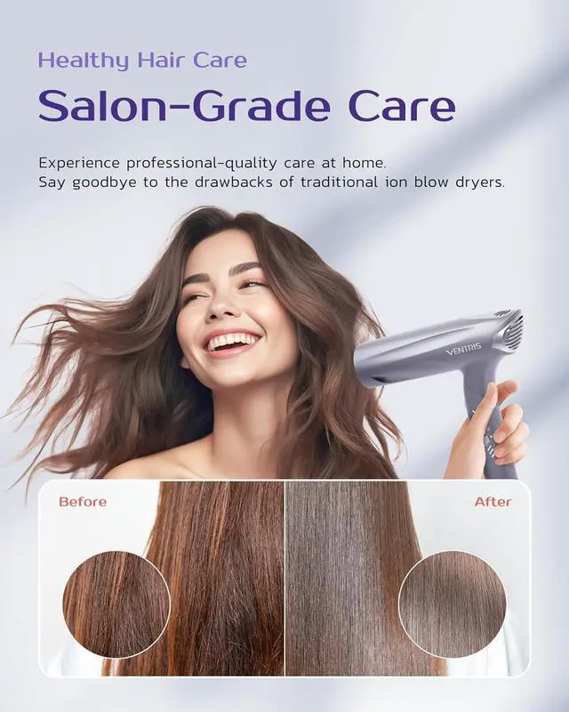 Alt view image 2 of 7 - VENTRIS Blitzflow Ionic Hair Dryer Magnetic Diffuser, High Speed Styling Blow Dryer, Lightweight & Foldable Travel Hair Dryer, Positive Negative Ion blowdryer, Ethereal Gray