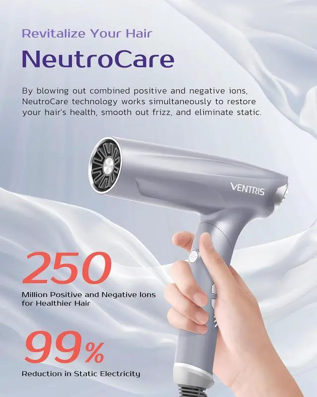 Alt view image 4 of 7 - VENTRIS Blitzflow Ionic Hair Dryer Magnetic Diffuser, High Speed Styling Blow Dryer, Lightweight & Foldable Travel Hair Dryer, Positive Negative Ion blowdryer, Ethereal Gray