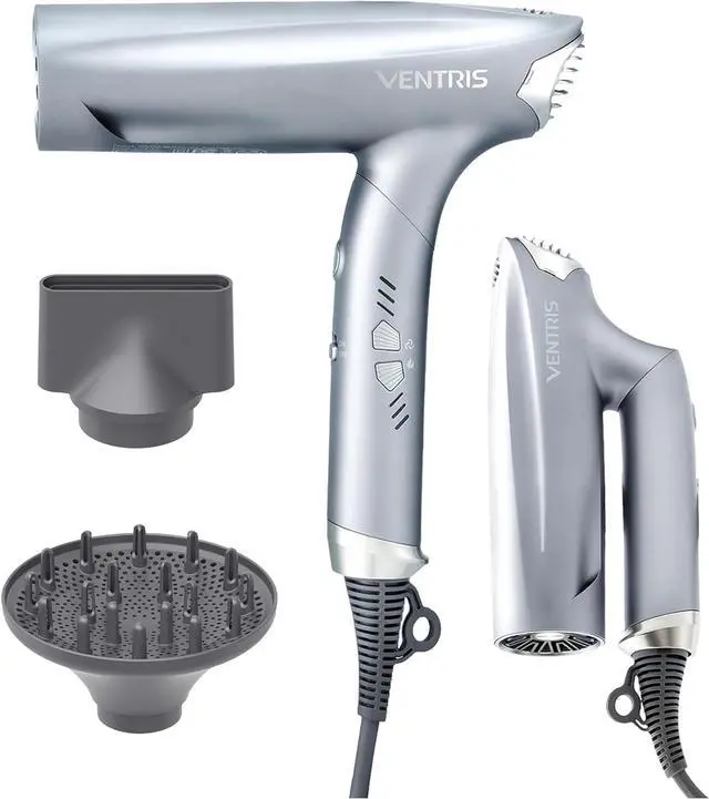 Alt view image 7 of 7 - VENTRIS Blitzflow Ionic Hair Dryer Magnetic Diffuser, High Speed Styling Blow Dryer, Lightweight & Foldable Travel Hair Dryer, Positive Negative Ion blowdryer, Ethereal Gray