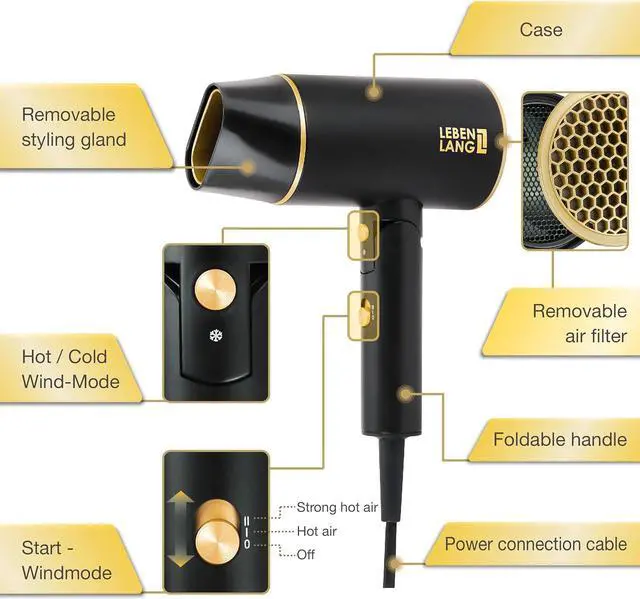 Alt view image 7 of 7 - Ionic Hair Dryer 1875W - Compact, Portable, Lightweight, with Diffuser and Bag for Travel