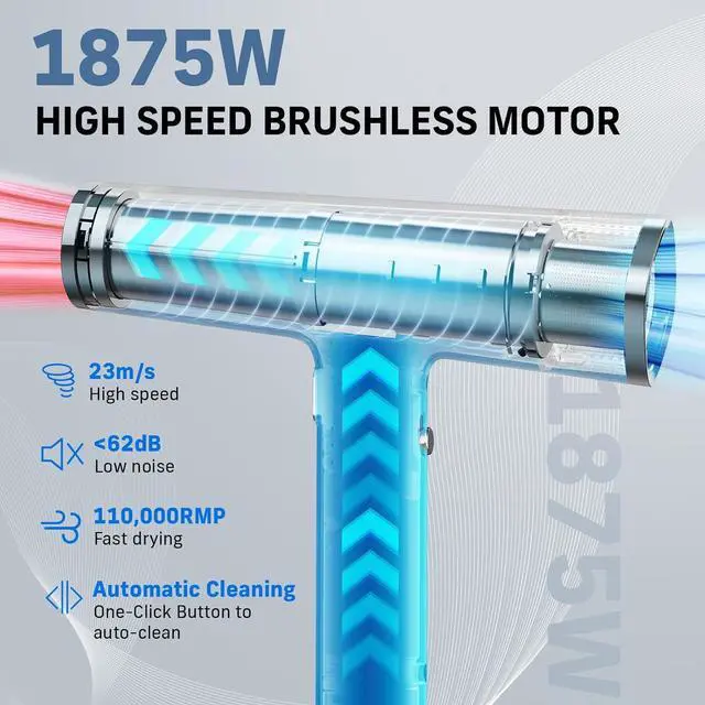 Alt view image 2 of 7 - Quico Hair Blow Dryer, 1875W High-Speed BLDC 7X Faster 110000 RPM Quiet Hair Dryer with Diffuser, 2 Billion Negative Ionic Salon Dryer, Adjustable Temp & Speed, Hair Dryer for Women Home Travel Gift