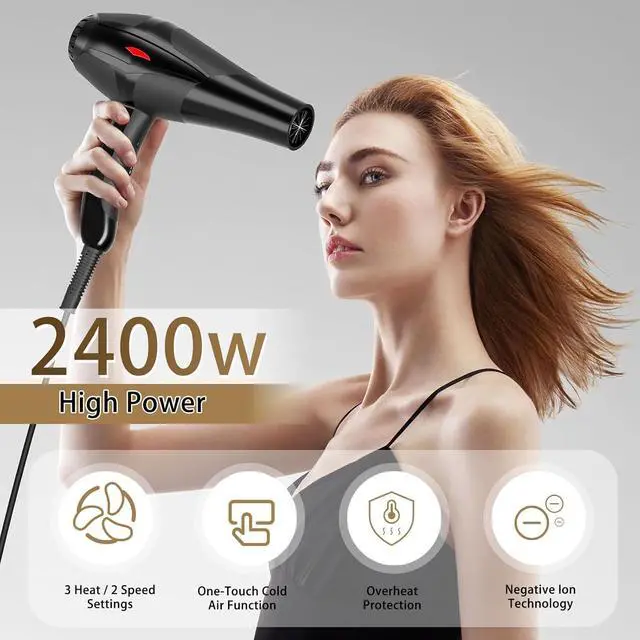 Alt view image 2 of 7 - Hair Dryer Professional Ionic Salon Hair Dryer 2400W Powerful Fast-Drying Blue Light Ionic Hair Dryers with Diffuser, AC Motor Constant Temperature Quiet Ion Dryers for Women Men