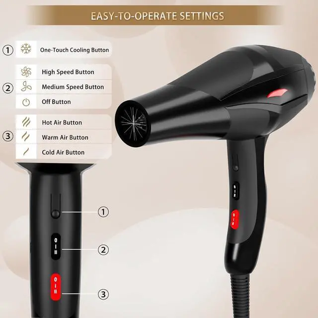 Alt view image 3 of 7 - Hair Dryer Professional Ionic Salon Hair Dryer 2400W Powerful Fast-Drying Blue Light Ionic Hair Dryers with Diffuser, AC Motor Constant Temperature Quiet Ion Dryers for Women Men