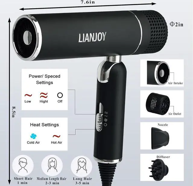 Alt view image 4 of 6 - Foldable Fast Drying Hair Dryer with Diffuser, 1600W Professional Ionic Blow Dryer with Storage Bag, Diffuser and Nozzle, Lightweight and Mini Portable Hairdryer for Women and Men, Black