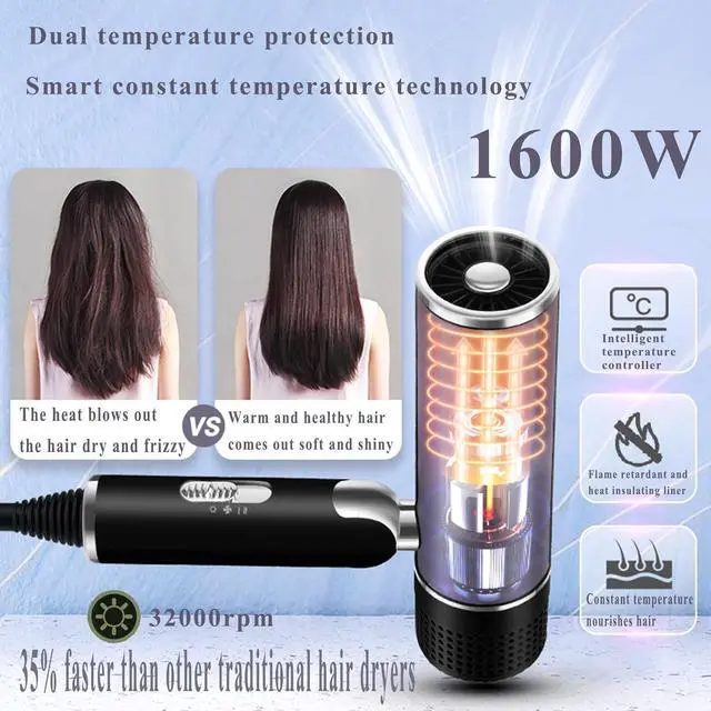 Alt view image 2 of 6 - Foldable Fast Drying Hair Dryer with Diffuser, 1600W Professional Ionic Blow Dryer with Storage Bag, Diffuser and Nozzle, Lightweight and Mini Portable Hairdryer for Women and Men, Black