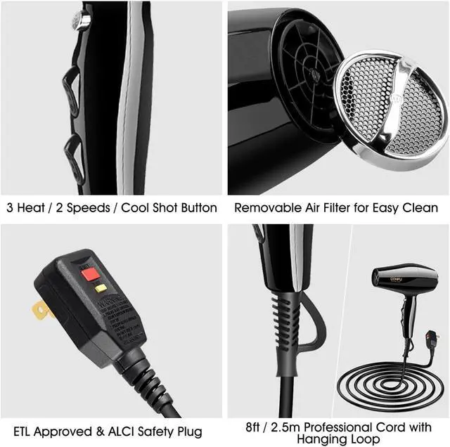 Alt view image 6 of 7 - Professional 1875W Ionic Salon Hair Dryer, Ionic Blow Dryer with Diffuser and 2 Concentrators, 2 Speed, 3 Heat Setting, Cool Button, AC Motor Pro Ceramic Quick Drying Hairdryer for Curly Straight Hair