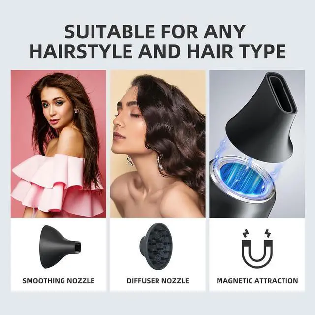 Alt view image 6 of 7 - Hair Dryer,7 Temps&31 Modes.Intelligent Temperature Control,LCD Display,Self-Cleaning Mode,Facial Care Mode.1600W Ionic Blow Dryer.Low Noise Thermo-Control Hair Dryer with Diffuser and Nozzle