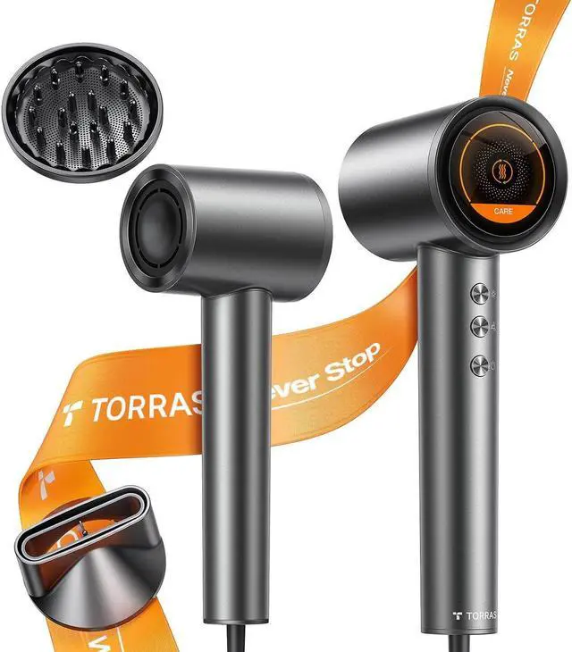 Main image of TORRAS Stream Hair Dryer, Space Gray, High-Speed 29.3m/s, 1600W, Hair Care Mode, Ionic Care, 2 Modes, 3 Speeds, 3 Heat Levels, with Diffusers, Aerospace Alluminum
