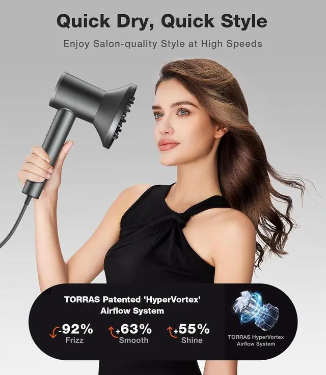 Alt view image 2 of 7 - TORRAS Stream Hair Dryer, Space Gray, High-Speed 29.3m/s, 1600W, Hair Care Mode, Ionic Care, 2 Modes, 3 Speeds, 3 Heat Levels, with Diffusers, Aerospace Alluminum