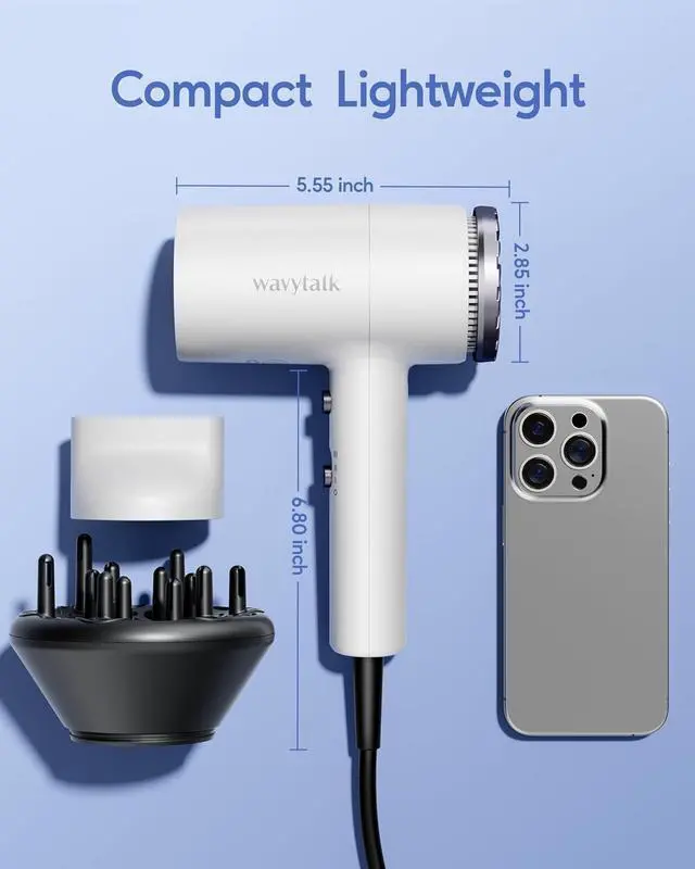Alt view image 7 of 7 - Wavytalk Hair Dryer with Diffuser 1875W Ionic Blow Dryer for Fast Drying with Concentrator Lightweight White.