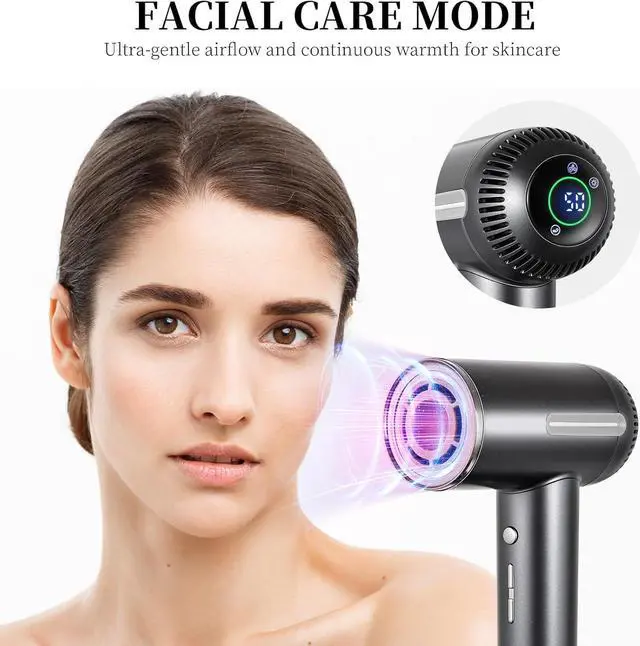 Alt view image 5 of 7 - Hair Dryer,1600W High Speed Ionic Blow Dryer with Diffuser,Plasma Hair Dryer with Facial Mode(Silver Gray)