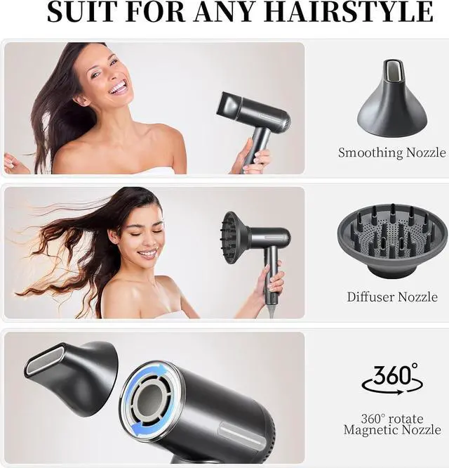 Alt view image 6 of 7 - Hair Dryer,1600W High Speed Ionic Blow Dryer with Diffuser,Plasma Hair Dryer with Facial Mode(Silver Gray)
