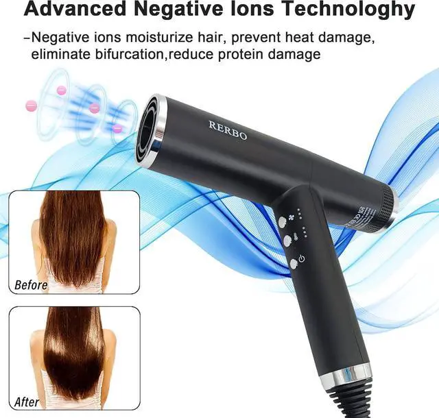 Alt view image 3 of 7 - Professional Ionic Hair Dryer High-Speed 110000 RPM Low Noise Temperature Control Portable Negative Ionic Blow Dryer with Diffuser and Concentrator for Home, Travel and Salon