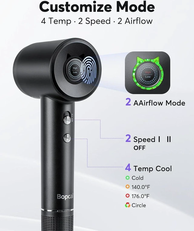 Alt view image 5 of 7 - Hair Dryer - Bopcal Ionic Blow Dryer with Concentrator for All Hair Types,110000 RPM High-Speed Fast Drying Lightweight and Quiet, 200 Million Negative Ions Dryer with Thermo-Control (1500w)