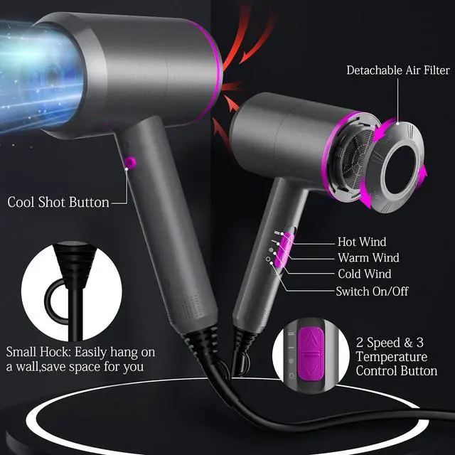 Alt view image 3 of 7 - Ionic Hair Dryer 2000W Salon Performance AC Motor Styling Tool/Hair Dryer Professional Blow Dryer Negative Ion Fast Drying for Hair Care 3 Heating / 2 Speed/Cold, for Home Travel Hotel