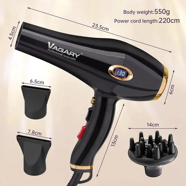 Alt view image 6 of 6 - VAGARY 6685G Professional Salon Hair Dryer 2200w with Icd Display,Negative Ionic Blow Dryer,Powerful AC Motor Blow Dryer,Low Noise Hair Dryers,2 Speeds and 2 Heat Settings 1 Cold Button