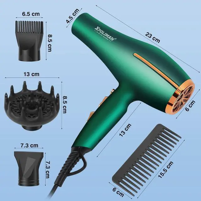 Alt view image 4 of 6 - Pro Ionic Salon Hair Dryer,Xpoliman Blow Dryer,Powerful 2000 Watt with AC Motor,Quick Drying Hairdryers Diffuser Fast Dryer Lightweight Best Soft Touch Body -Green & Gold