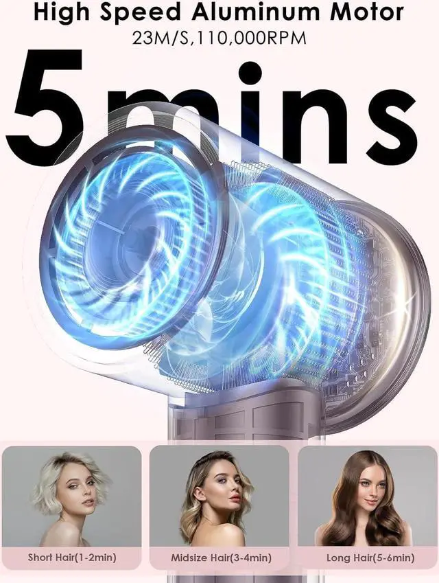 Alt view image 2 of 7 - Hair Dryer, High Speed Fast Drying Hair Dryers, Negative Ionic Portable Blow Dryer with 110000 RPM Brushless Motor, Lightweight Low Noise Thermo-Control Hairdryer with Nozzle for Home, Travel