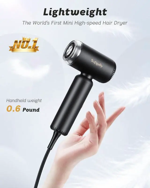 Alt view image 2 of 7 - Professional Super Lightweight Hair Dryer,110,000RPM High-Speed Brushless Motor Ionic Blow Dryer for Fast Drying, Magnetic Hanging Stand Diffuser Concentrator, Quiet Micro Mini Hairdryer (Black)
