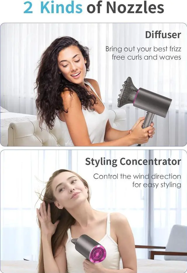 Alt view image 5 of 7 - Professional Ionic Hair Dryer Blow Dryer with Diffuser and Concentrator for Curly Hair,Foldable Handle Travel Hair Dryer,Constant Temperature Hair Care (Coffee Gold)