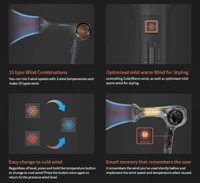 Alt view image 3 of 7 - JMW AIR SENS Professional Hair Dryer - 3 Heat X 5 Wind Fast Drying, Low Noise, Curling, Durable, Best Blow Dryer Frizzy Hair, 2 Nozzles & Hair Dryer Comes with Holder for Salon Blowouts and Travel