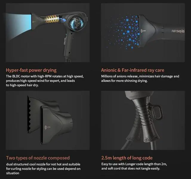 Alt view image 4 of 7 - JMW AIR SENS Professional Hair Dryer - 3 Heat X 5 Wind Fast Drying, Low Noise, Curling, Durable, Best Blow Dryer Frizzy Hair, 2 Nozzles & Hair Dryer Comes with Holder for Salon Blowouts and Travel