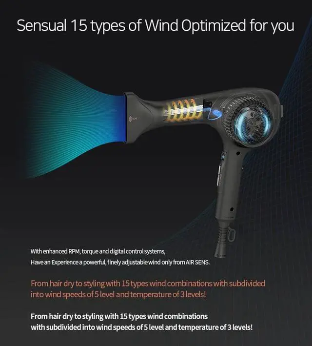 Alt view image 5 of 7 - JMW AIR SENS Professional Hair Dryer - 3 Heat X 5 Wind Fast Drying, Low Noise, Curling, Durable, Best Blow Dryer Frizzy Hair, 2 Nozzles & Hair Dryer Comes with Holder for Salon Blowouts and Travel