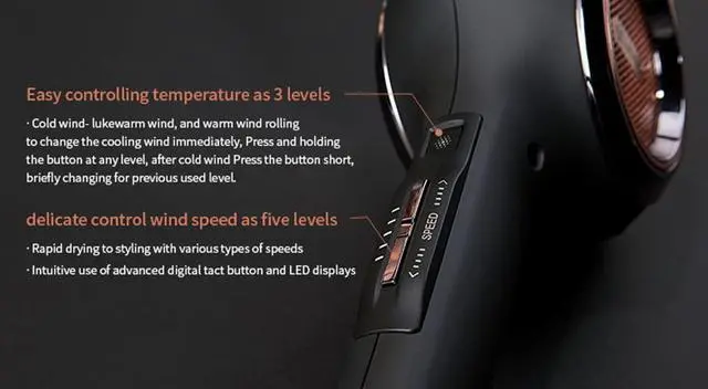 Alt view image 6 of 7 - JMW AIR SENS Professional Hair Dryer - 3 Heat X 5 Wind Fast Drying, Low Noise, Curling, Durable, Best Blow Dryer Frizzy Hair, 2 Nozzles & Hair Dryer Comes with Holder for Salon Blowouts and Travel