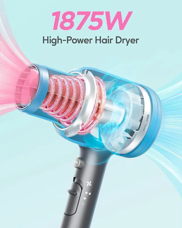 Alt view image 3 of 6 - Wavytalk Professional Hair Dryer Blow Dryer with Diffuser and Concentrator for Curly Hair 1875W Ionic Salon Hair Dryer with Ceramic Technology Fasting Drying Light and Quiet