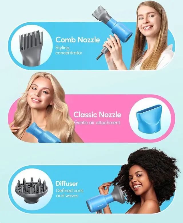 Alt view image 4 of 6 - Wavytalk Professional Hair Dryer Blow Dryer with Diffuser and Concentrator for Curly Hair 1875W Ionic Salon Hair Dryer with Ceramic Technology Fasting Drying Light and Quiet