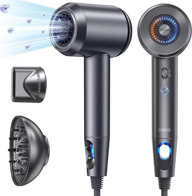 Main image of Hair Dryer with Diffuser - 19m/s llano High Speed Ionic Professional Fast Drying Blow Dryer, 1500W 5Temps/2Speeds, Low Noise Thermo-Control, Compact with Storage Bag for Travel/Home (Blue) (Gray)