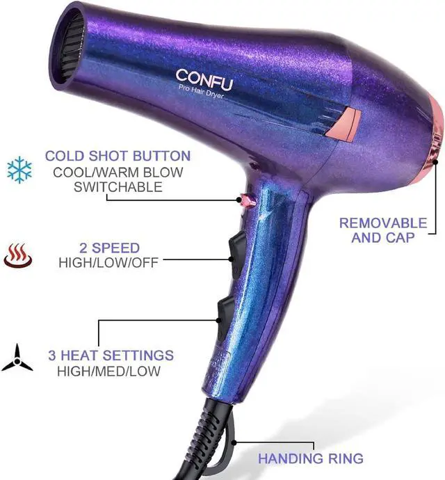 Alt view image 2 of 7 - CONFU Professional Hair Dryer, Compact Blow Dryer, Negative Ionic Hair Dryer with Diffuser and Concentrator, for Quick Drying, ETL Certified, Purple