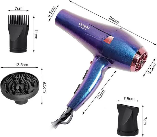 Alt view image 3 of 7 - CONFU Professional Hair Dryer, Compact Blow Dryer, Negative Ionic Hair Dryer with Diffuser and Concentrator, for Quick Drying, ETL Certified, Purple