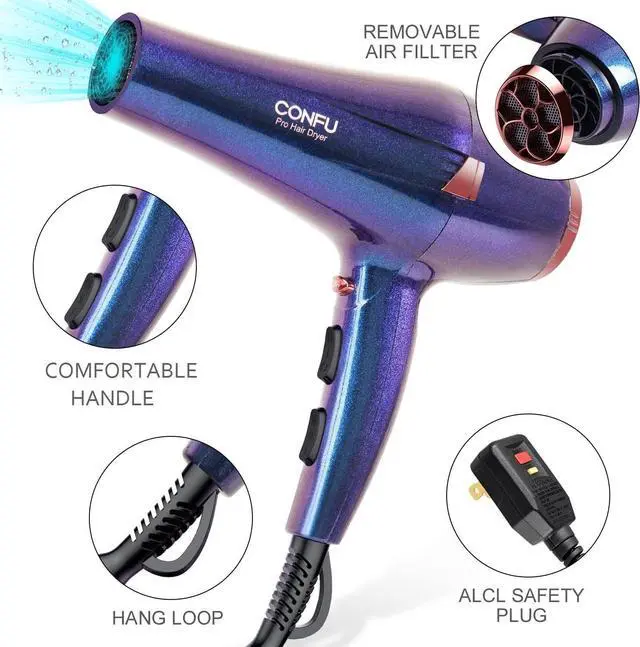 Alt view image 4 of 7 - CONFU Professional Hair Dryer, Compact Blow Dryer, Negative Ionic Hair Dryer with Diffuser and Concentrator, for Quick Drying, ETL Certified, Purple